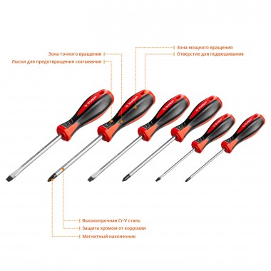 Набор: Отвертки слесарные ЗУБР &quot;МАСТЕР&quot; 25066, Cr-V сталь, эргономичная двухкомпонентная рукоятка, магнитный наконечник, в коробке, 6 предметов — Официальный партнер ЗУБР в России