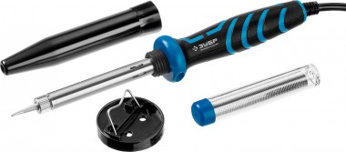 Паяльник ЗУБР &quot;ПРОФЕССИОНАЛ&quot; с двухкомпонентной рукояткой и защитным колпачком в наборе с припоем и подставкой, 40Вт, конус — Официальный партнер ЗУБР в России