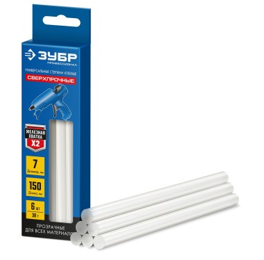Сверхпрочные клеевые стержни ЗУБР 6 шт., 50 г, 7 х 150 мм (7-8 мм), прозрачные, 06855-6 Профессионал — Официальный партнер ЗУБР в России