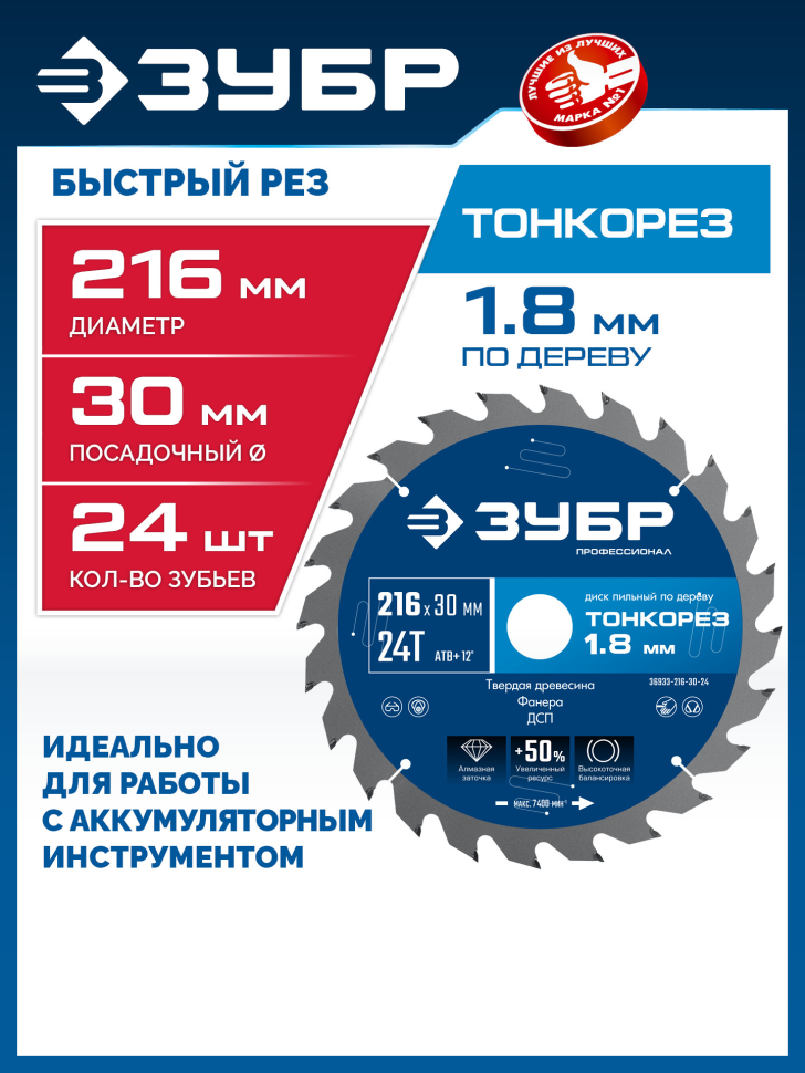 ЗУБР Тонкорез 216х30 x 1.8 мм, 24Т, диск пильный по дереву, тонкий рез, Профессионал (36933-216-30-24) фото 1 &mdash; Официальный партнер ЗУБР в России