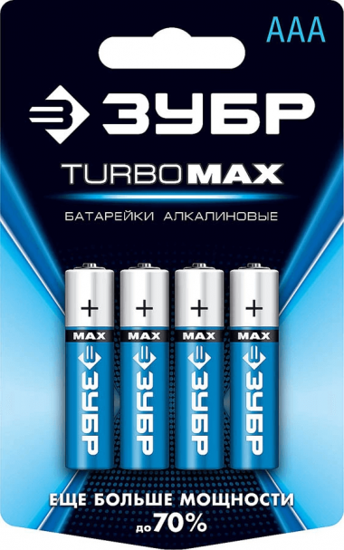 Щелочная батарейка ЗУБР 1.5 В, тип AAA, 4 шт., Turbo-MAX 59203-4C_z01 — Официальный партнер ЗУБР в России