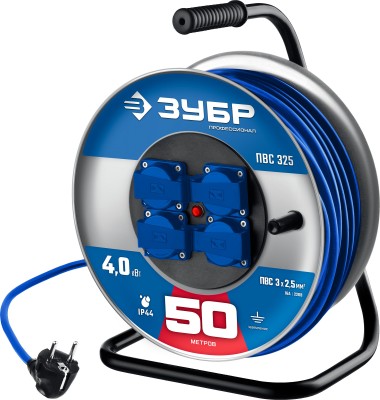 Силовой удлинитель на стальной катушке ПВС 325 ЗУБР 50 м, 4000 Вт, ПВС 3х2.5, 55102-50 — Официальный партнер ЗУБР в России