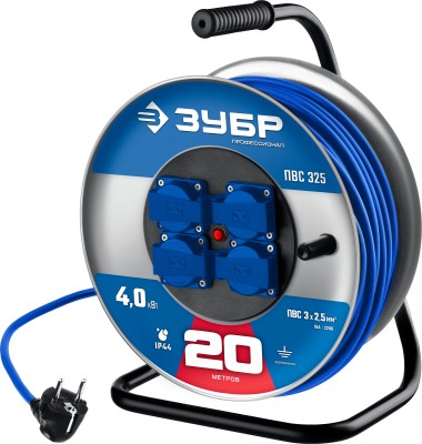 Силовой удлинитель на стальной катушке ПВС 325 ЗУБР 20 м, 4000 Вт, ПВС 3х2.5, 55102-20 — Официальный партнер ЗУБР в России
