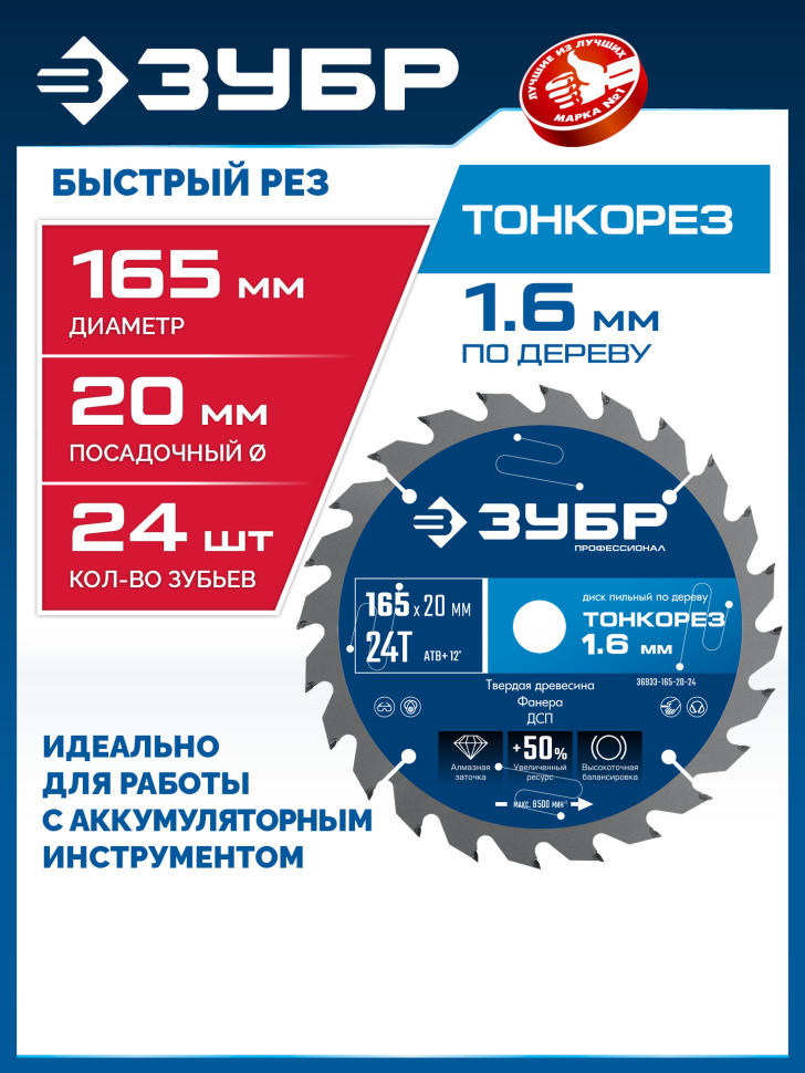 ЗУБР Тонкорез 165х20 x 1.6 мм, 24Т, диск пильный по дереву, тонкий рез, Профессионал (36933-165-20-24) фото 1 &mdash; Официальный партнер ЗУБР в России