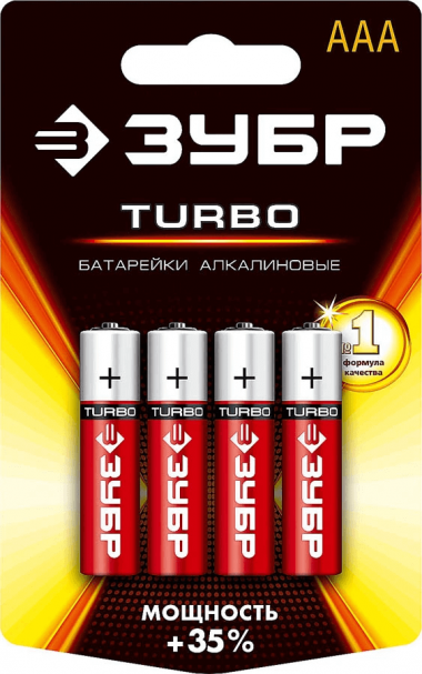 Щелочная батарейка ЗУБР 1.5 В, тип AAA, 4 шт., Turbo 59211-4C_z01 — Официальный партнер ЗУБР в России