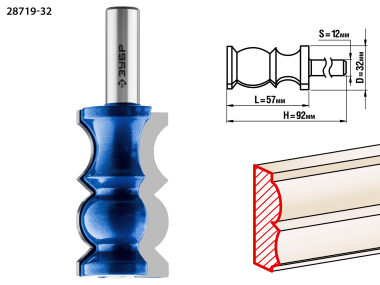 Фреза кромочная фигурная №8, D= 32мм, рабочая длина-57,2мм, хв.-12 мм, ЗУБР Профессионал — Официальный партнер ЗУБР в России