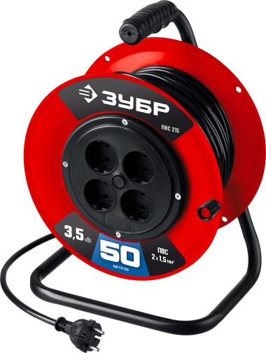 Силовой удлинитель на катушке ПВС 215 ЗУБР 50 м, 3500 Вт, ПВС 2х1.5, 55103-50 — Официальный партнер ЗУБР в России