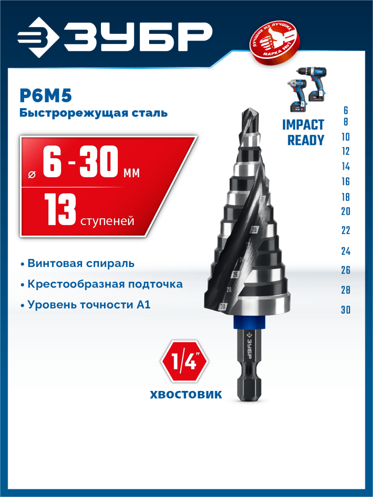 ЗУБР BLACK FORCE 6-30 мм, 13 ступеней, винтовая проточка, сверло ступенчатое, Профессионал (29671-6-30-13) фото 1 &mdash; Официальный партнер ЗУБР в России